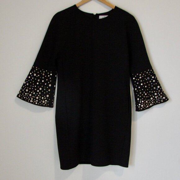 Badgley Mischka Black Dress LBD Grommet Embellished Shift Bell Sleeve Size 4 - Picture 4 of 13